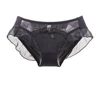 EasyTalk Fresh Floral Embroidery Ruffle Edge Panties for Women Cute Ice Silk Mid Rise Breathable Soft Girls Teen Princess Style, Black, Bow Detail, Lace Trim Underwear,XXL,XB036-B