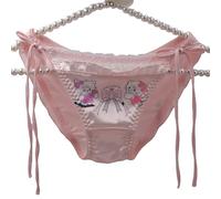 EasyTalk Kawaii Cat Print Side-Tie Panties, Satin with Lace Trim, Pink,XL