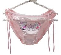 EasyTalk Kawaii Satin Panties with Side Ties, Lace Trim Detail, Cartoon Cat Print, Soft Milk Silk Underpanties for Teens, Anime Print underwear,XL,50356S-P