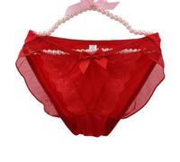 EasyTalk Luxury Sheer Mesh Lace Briefs for Women, Low Rise Ruffle Panties with Satin Bow, Breathable Soft Stretchy Lingerie in UK Standard Sizes,M,HY186-R