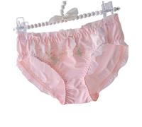 EasyTalk Sweet Butterfly Embroidered Satin Panties, Delicate Ruffled Trim with Bow Details, Floral Lingerie, Breathable & Comfortable, Kawaii Lingerie for Teens,L,XB021-P