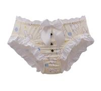 EasyTalk Sweet Lolita Kawaii Ruffled Panties, Satin Fabric with Lace Trim, Elephant Print Design, Decorative Bow and Button Details, Womens Cute Anime Knickers,XL,81215-Y