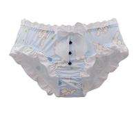 EasyTalk Sweet Lolita Kawaii Ruffled Panties, Satin Fabric with Lace Trim, Elephant Print Design, Decorative Bow and Button Details, Womens Cute Anime Knickers,M,81215-B