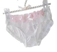 EasyTalk Womens Cute Knickers, Ladies' Delicate Floral Lace Trim Panties with Pearl Beaded Handle, Pink and White Satin Briefs with Bow Detail, Romantic Lingerie Collection,M,XB023-W