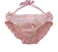 EasyTalk Women's Japanese Style Balletcore Satin Briefs, Tulle Ruffle Panties with Lace & Bows, Cute Feminine Lingerie for UK Market,L,XB702-P