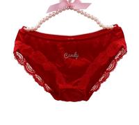 EasyTalk Women's Silky Shiny Satin Triangle Panties Sexy Stretch Lace Trim Briefs, Rhinestone Embellished Red Color Soft Smooth Knickers,XL,23039-R