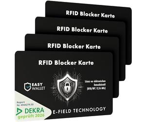 EasyWallet DEKRA Tested NFC/RFID Blocker Card, E-Field Jammer Technology for Secure Card Protection, Extra Thin (0.84 mm), Perfect for Any Wallet, Optimal Protection, black, 4x (4er Set), Pack of 4