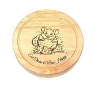 Eat Cheese Brie Happy Cheeseboard, Wire Cutter Tongs, 19cm Round, Wood, Personalised Engraving Mouse Theme Cheeseboard