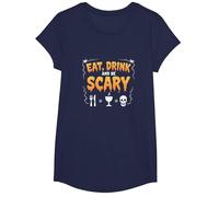 Eat, Drink and Be Scary: Halloween Party Mantra T-Shirt, Girls, Navy, Medium