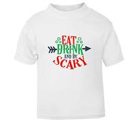 Eat Drink and Be Scary Halloween Statement Short Sleeve Cotton Kids t Shirt, 2-3 Years, White
