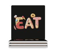 EAT Foodie Square Ceramic Coaster Set Absorbent Coasters with Cork Backing for Table Protection 4PCS