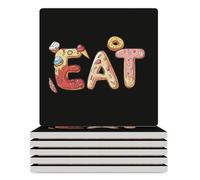 EAT Foodie Square Ceramic Coaster Set Absorbent Coasters with Cork Backing for Table Protection 6PCS