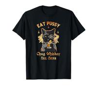 Eat Pussy Chug Whiskey Hail Satan Funny Tattoo Black Cat T-Shirt