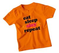 Eat Slay Repeat Empowerment Slogans Girls T-Shirt Cool Daily Routine Sparkle Tee 9-11 Years Orange