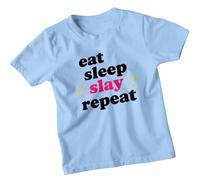 Eat Slay Repeat Empowerment Slogans Girls T-Shirt Cool Daily Routine Sparkle Tee 9-11 Years Sky Blue