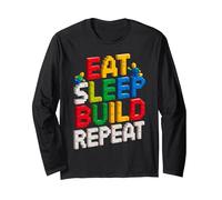 EAT Sleep Build Repeat Master Builder Building Bricks Blocks Long Sleeve T-Shirt, Adult Unisex, Black, XX-Large