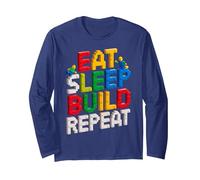 EAT Sleep Build Repeat Master Builder Building Bricks Blocks Long Sleeve T-Shirt, Adult Unisex, Navy Blue, XX-Large