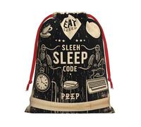 Eat Sleep Code Print Ultra Soft Plush Christmas Party Gift Bags, Drawstring Xmas Candy Treat Favors Holiday Sacks, Wedding Jewelry Pouches