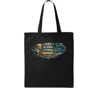 Eat Sleep Code Repeat Routine Natural Cotton Tote Bag Black