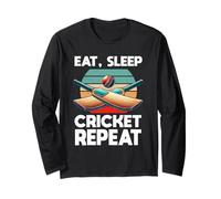 Eat Sleep Cricket Repeat Retro Cricket Player Bowler Batsman Long Sleeve T-Shirt