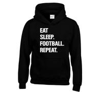 Eat Sleep Football Repeat | Unisex Kids Hoodie Jumper | Football Fan Graphic Hooded Top- Black- 7-8 Years