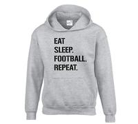 Eat Sleep Football Repeat | Unisex Kids Hoodie Jumper | Football Fan Graphic Hooded Top- Grey- 12-13 Years