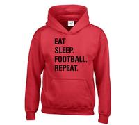 Eat Sleep Football Repeat | Unisex Kids Hoodie Jumper | Football Fan Graphic Hooded Top- Red- 7-8 Years