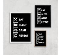 Eat Sleep Game Repeat Art Print - A4 - Wood Frame