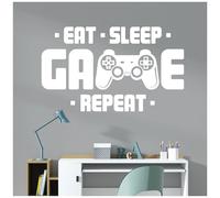 Eat Sleep Game Repeat - Gamers Room Bedroom Wall Decal Sticker [Large] [White]