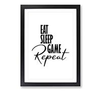 Eat Sleep Game Repeat Typography Framed Print | A2 Black Framed Wall Art | Ready to Hang | Modern Video Game Picture | Living Room Bedroom Lounge Office