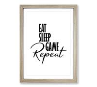 Eat Sleep Game Repeat Typography Framed Print | A2 Oak Framed Wall Art | Ready to Hang | Modern Video Game Picture | Living Room Bedroom Lounge Office