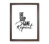 Eat Sleep Game Repeat Typography Quote Framed Print | A3 Walnut Framed Wall Art | Ready to Hang | Modern Video Game Picture | Living Room Bedroom Lounge Office