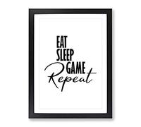 Eat Sleep Game Repeat Typography Quote Framed Print | A4 Black Framed Wall Art | Ready to Hang | Modern Video Game Picture | Living Room Bedroom Lounge Office