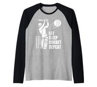 Eat Sleep Play Cricket Repeat Batsman Batting Cricketer Art Raglan Baseball Tee