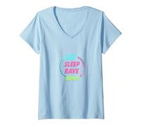 Eat Sleep Rave Repeat Neon Party Lifestyle V-Neck T-Shirt, Women, Baby Blue, S