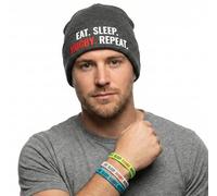 Eat Sleep Rugby Repeat Beanie Hat with 3 Glow in The Dark Wristbands - Unisex Novelty Gift Set for Rugby Fans - Warm Winter Cap & Accessory Pack (Grey)