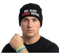 Eat Sleep Rugby Repeat Beanie Hat with 3 Glow in The Dark Wristbands - Unisex Novelty Gift Set for Rugby Fans - Warm Winter Cap & Accessory Pack (Black)