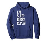 Eat Sleep Rugby Repeat Pullover Hoodie, Adult Unisex, Navy Blue, Large