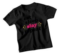 Eat Sleep Slay Repeat Empowerment Slogans Girls T-Shirt Cool Daily Routine Sparkle Tee 9-11 Years Black