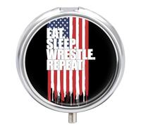 Eat Sleep Wrestle Pill Box with 3 Compartments and Mirror Cute Metal Round Pill Case for Vitamin Fish Oils