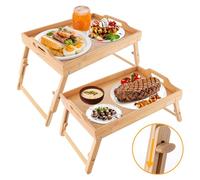 EATHEATY 2 Pack Bed Tray Table for Eating, 16.3 x 11.8 Inch Bamboo Breakfast Food Tray with Adjustable Folding Legs, Portable Serving Tray for Sofa Laptop Desk Snack Tray