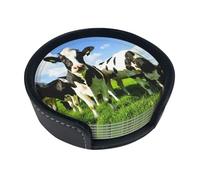 Eating Cows On Summer Pasture,Set of 6 Round Coasters, Pu Leather Drinks Coasters with Holder for Home Office Kitchen