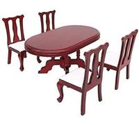 EatingBiting 1:12 MINI Miniature Furniture Red Wooden Micro Landscape Dining Table Chairs 5pcs Set 1 Table and 4 Chair Wooden Creative Handcraft Gift Perfect for Interior Model.