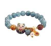 EatingBiting Ceramics Lucky Cat Maneki Neko Bracelet with Blue Crystal Beaded Pendant Jewelry for women girl Pendant Bracelet Elegant Glass Hand Jewelry