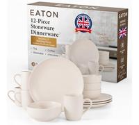 EATON Metro 12 Piece Stoneware Dinnerware Set for 4 Cream | Dishwasher safe, Microwave safe, Matte satin finish, 4 place settings, 26.6 cm plates, 15.3 cm bowls, Mugs included