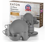 EATON Metro 12 Piece Stoneware Dinnerware Set for 4 Grey | Dishwasher safe, Microwave safe, Matte satin finish, 4 place settings, 26.6 cm plates, 15.3 cm bowls, Mugs included