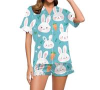 Eauptffy Girls' Pyjama Set, Women's Short, Pyjama Set, Shorty Two-Piece Sleepwear Set, Turn-Down Collar with Buttons, Homewear, Comfort, Casual, Short Sleeve Shirt and Short Negligee Print, Summer