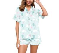 Eauptffy Girls' Pyjamas, Women's Short, Pjs Sets Two Piece Shorty Sleepwear Set with Buttons Turnup Homewear Casual Comfort Short Sleeve Top and Shorts Negligee Printed 2024