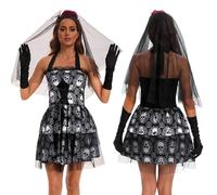 Eauptffy Gothic Mini Dress with Skull Print for Women Vintage Punk Dress Halloween Costume Theme Party Zombie Bride Costume Festive Outfit