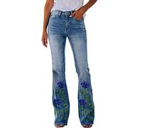 Eauptffy Jeans Women's Floral Embroidered Flared Trousers Skinny Fit Jeans Y2K Jeans Casual Trousers Loose Flared Hem Jeans Stretch Flared Bottoms Latex Trousers with Zip